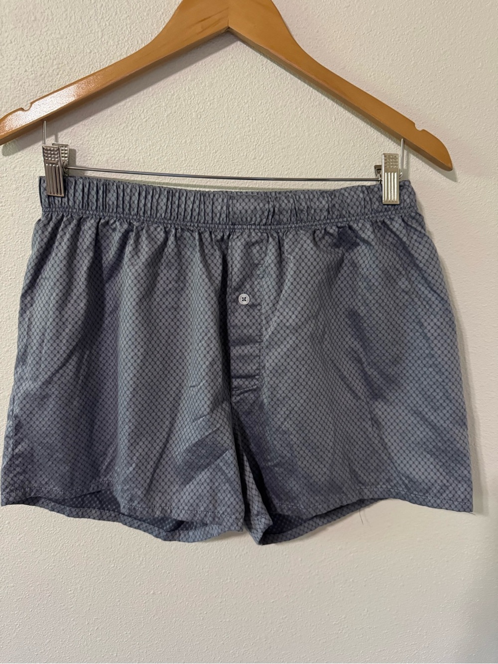 Hanro Fancy Woven Boxers Sleep Shorts Gray Geometric Print Button Closure-Large